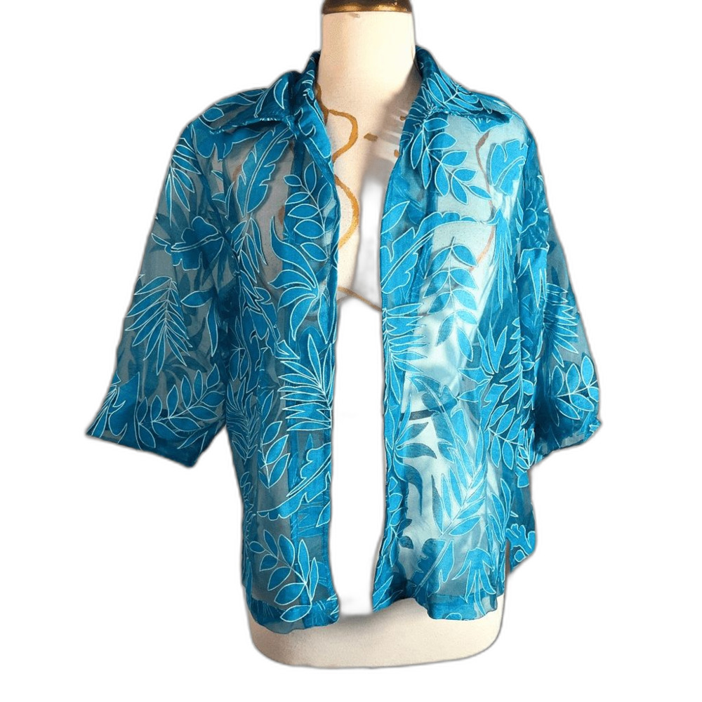 Bon Worth Cardigan Petite S VTG 90's Turquoise Sheer English Garden Cardigan